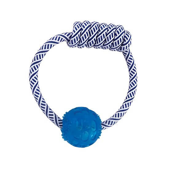 Kruhové preťahovadlo pre psov s gumovou loptičkou, modré a biele, 20 cm